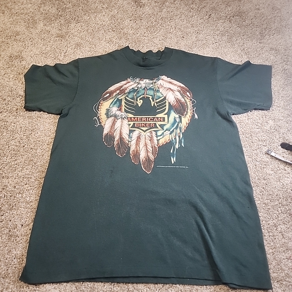 American Biker Green Shirt. L.  “3D Emblem” Brand Plain Back Vintage Motorcycle